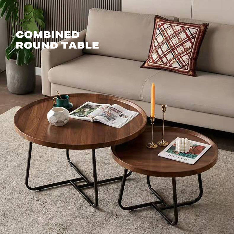 Removable Set of 2 Round Coffee Table Walnut Nesting Side End Table Furniture - TRENDZ
