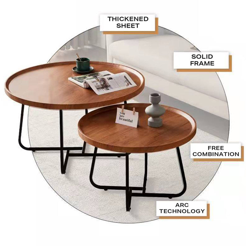Removable Set of 2 Round Coffee Table Walnut Nesting Side End Table Furniture - TRENDZ