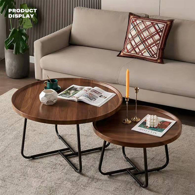 Removable Set of 2 Round Coffee Table Walnut Nesting Side End Table Furniture - TRENDZ