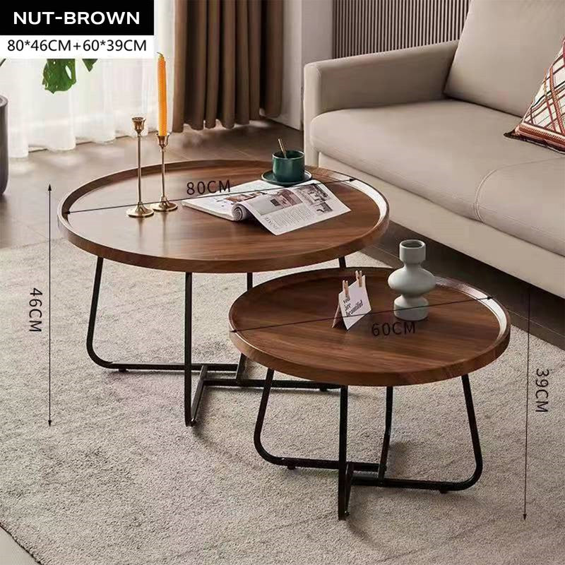 Removable Set of 2 Round Coffee Table Walnut Nesting Side End Table Furniture - TRENDZ