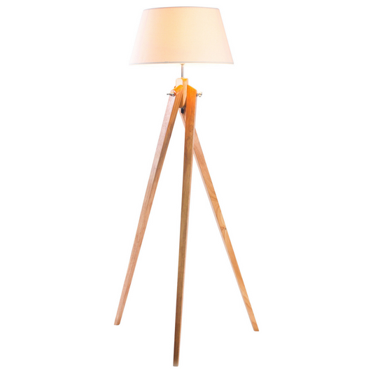 Large Tripod Floor Lamp – Bamboo Wood Base with Beige Linen Shade