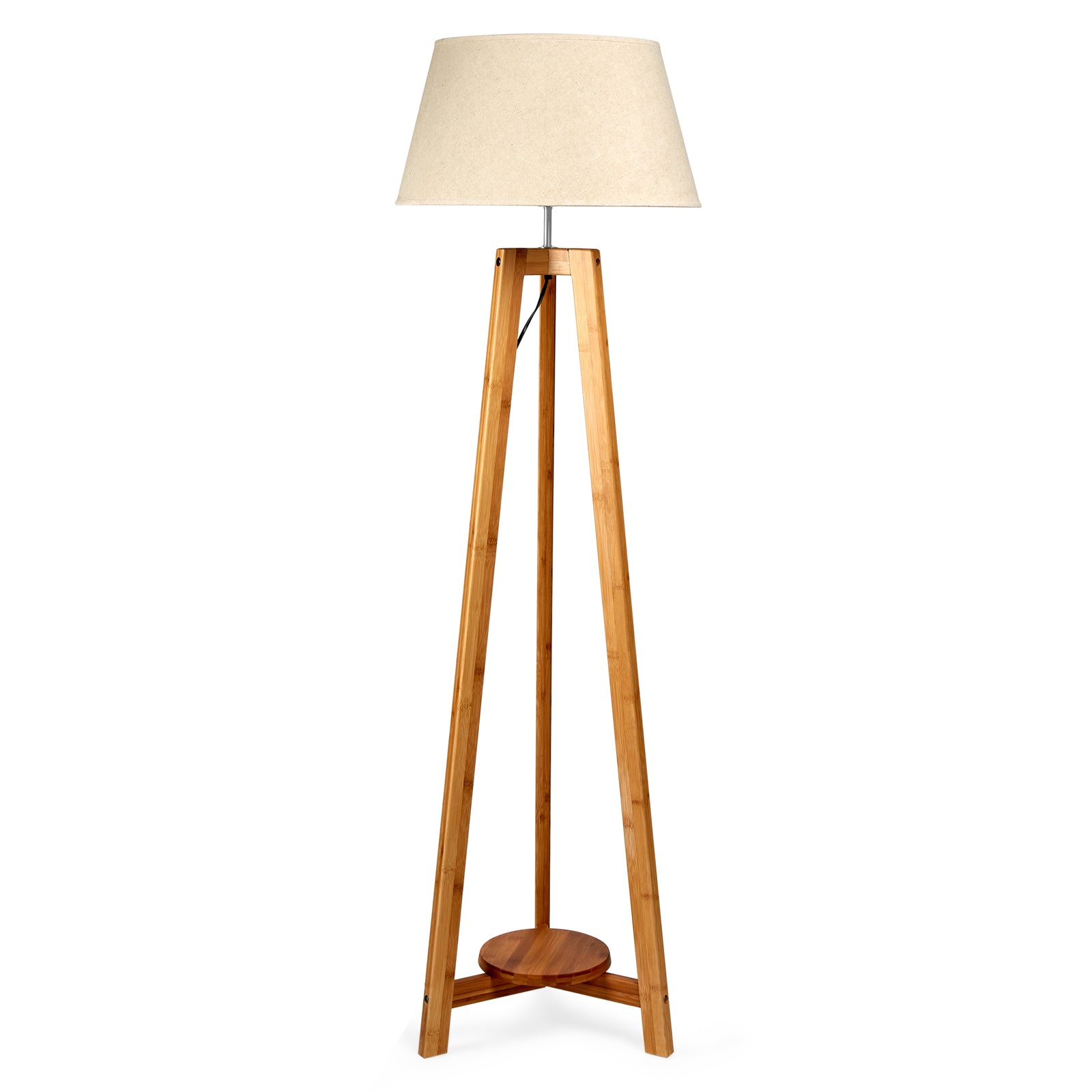 155cm Large Bamboo Wooden Tripod Floor Lamp w Beige Linen Light Shade - TRENDZ