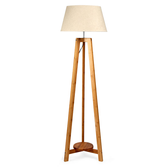 155cm Large Bamboo Wooden Tripod Floor Lamp w Beige Linen Light Shade - TRENDZ