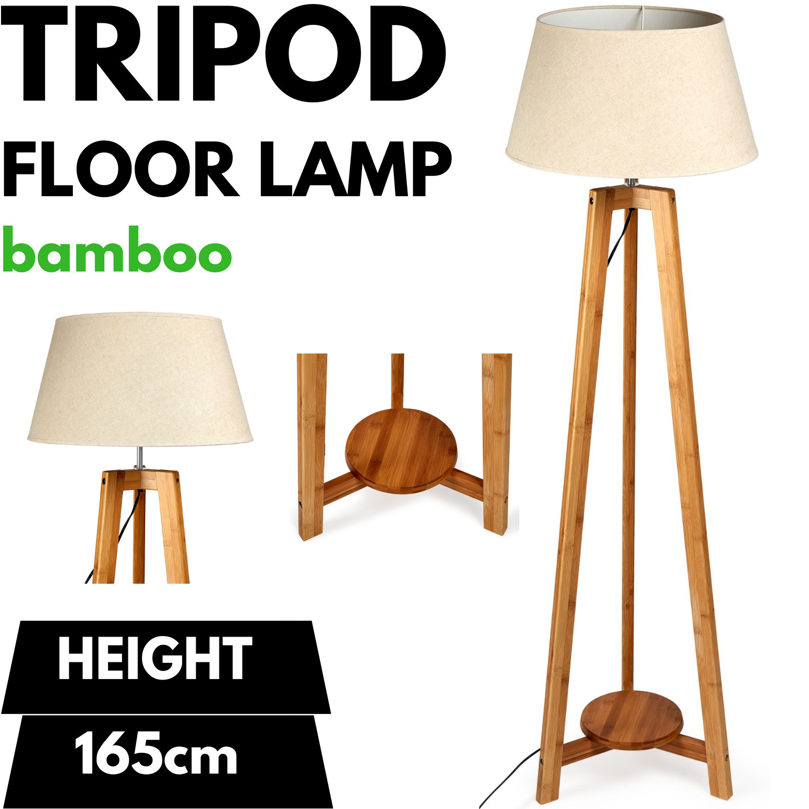 155cm Large Bamboo Wooden Tripod Floor Lamp w Beige Linen Light Shade - TRENDZ