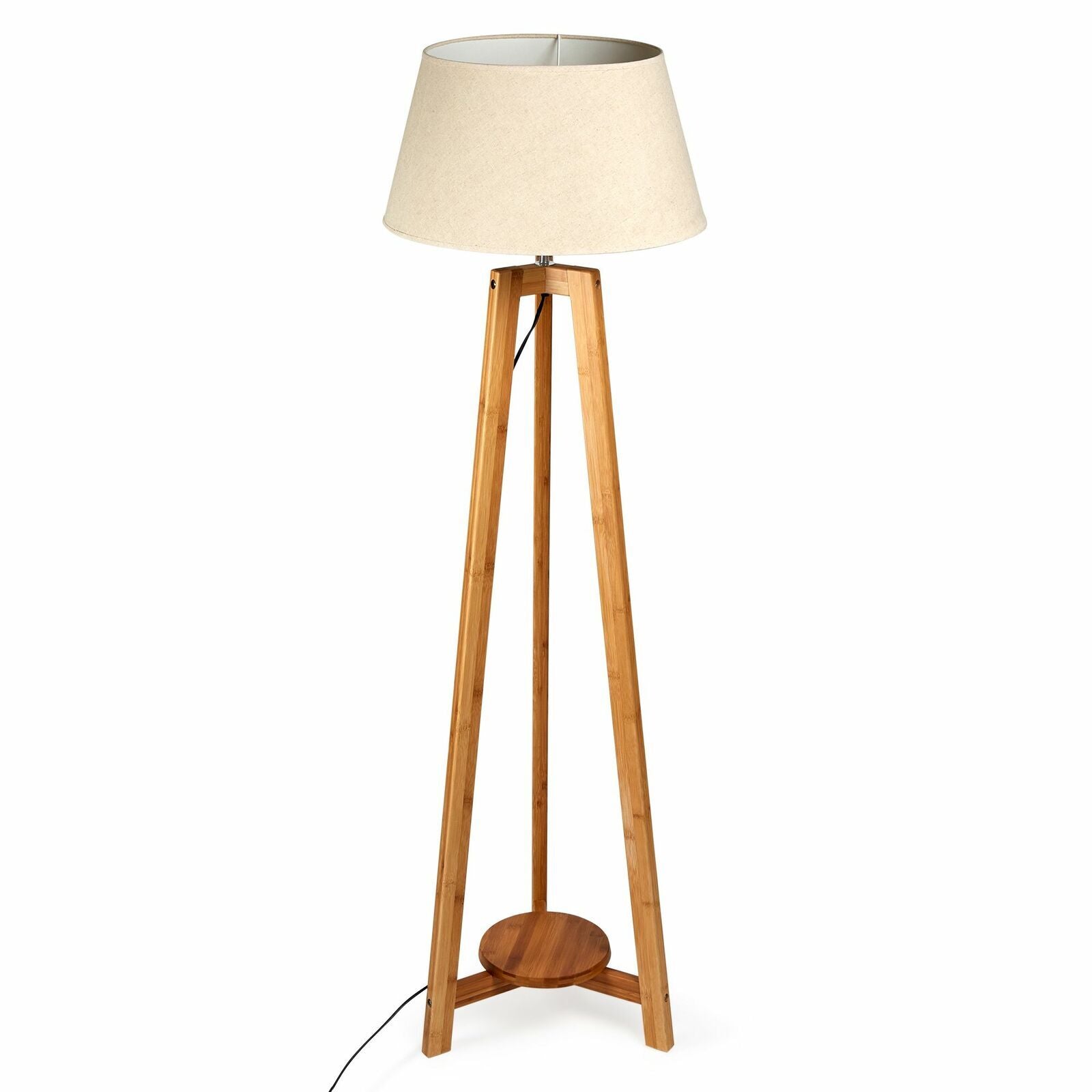 155cm Large Bamboo Wooden Tripod Floor Lamp w Beige Linen Light Shade - TRENDZ