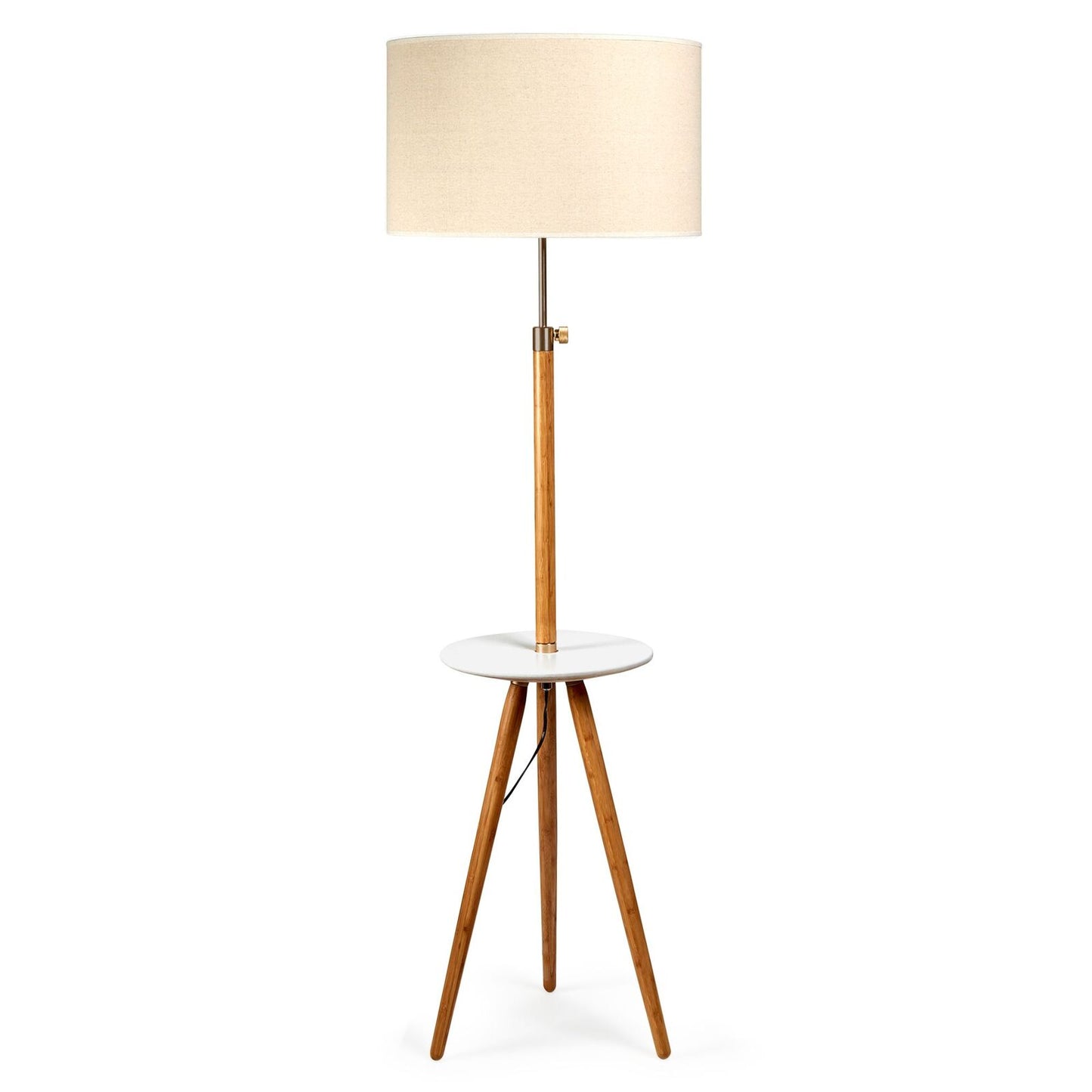165cm Adjustable Bamboo Tripod Floor Lamp Light with Linen Shade & Built-In Table - TRENDZ