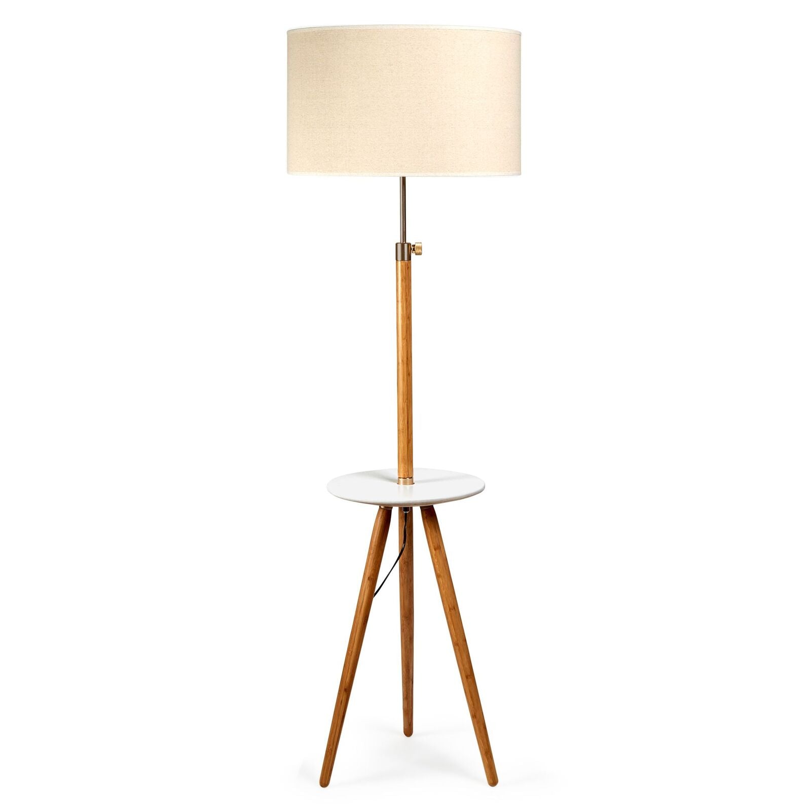 165cm Adjustable Bamboo Tripod Floor Lamp Light with Linen Shade & Built-In Table - TRENDZ