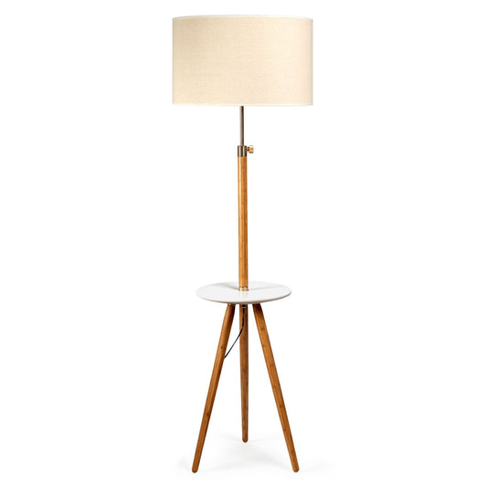 165cm Adjustable Bamboo Tripod Floor Lamp Light with Linen Shade & Built-In Table - TRENDZ