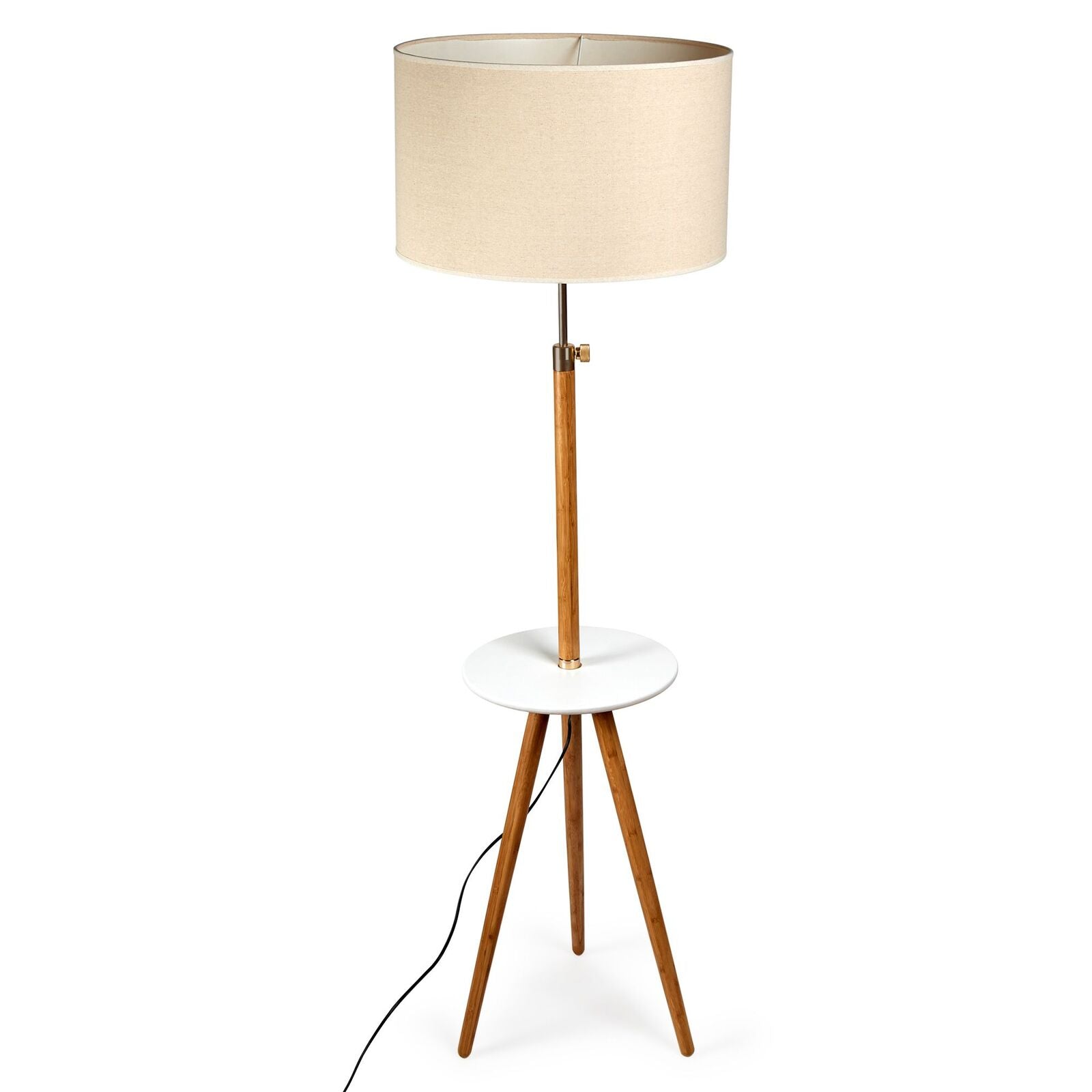 165cm Adjustable Bamboo Tripod Floor Lamp Light with Linen Shade & Built-In Table - TRENDZ