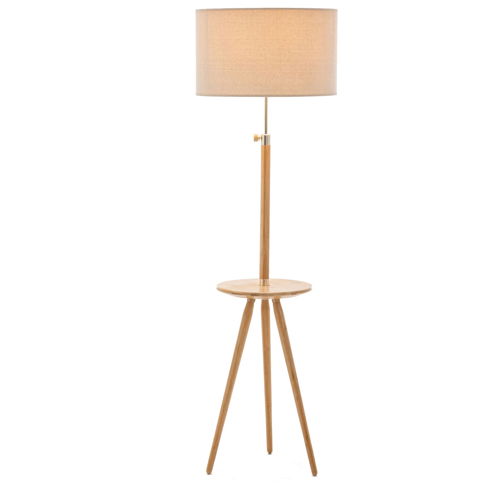 165cm Adjustable Bamboo Tripod Floor Lamp Light with Linen Shade & Built-In Table - TRENDZ