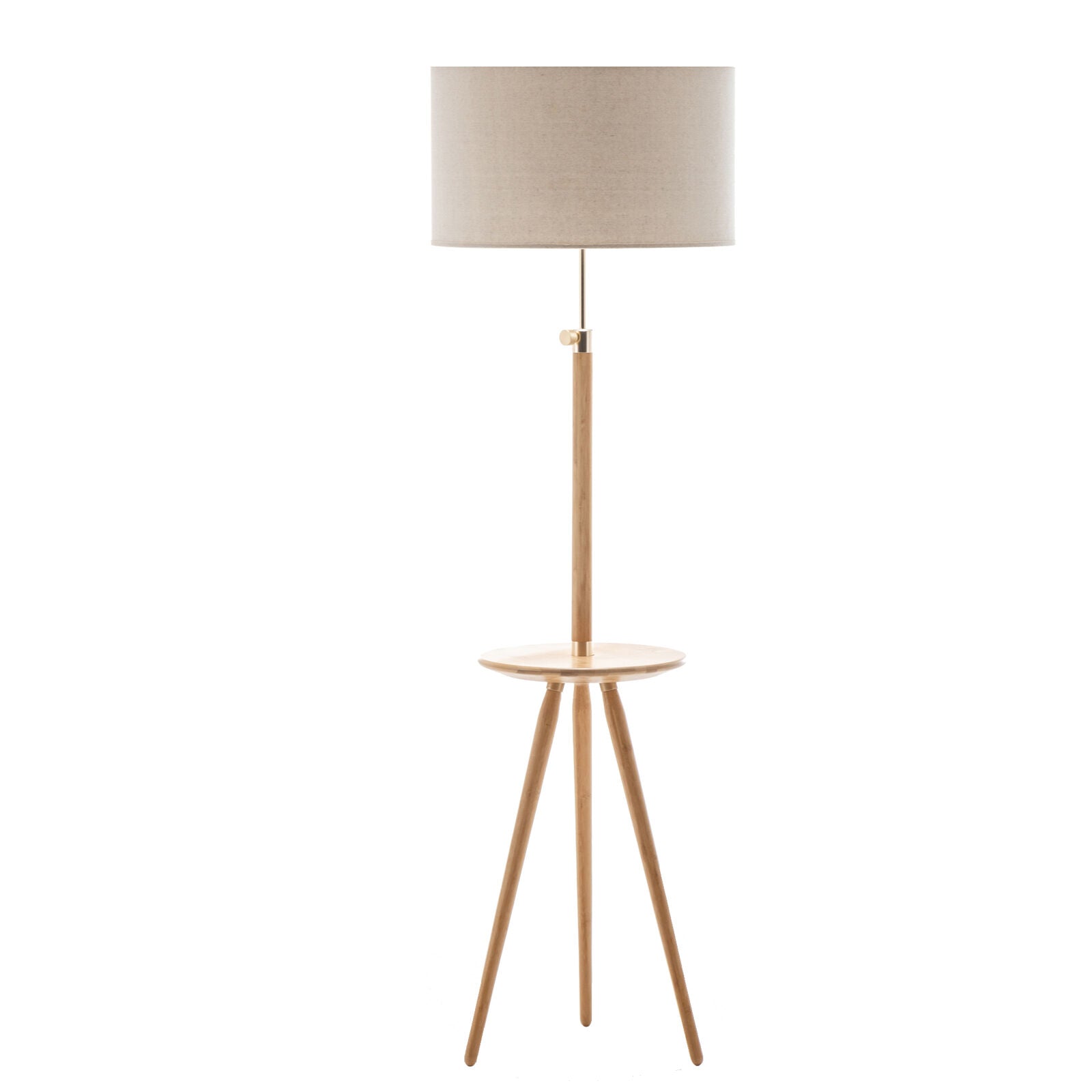 165cm Adjustable Bamboo Tripod Floor Lamp Light with Linen Shade & Built-In Table - TRENDZ