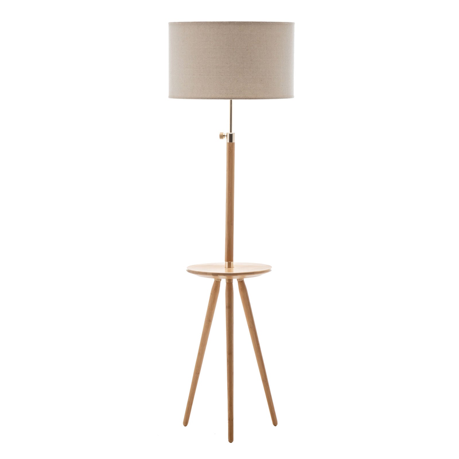 165cm Adjustable Bamboo Tripod Floor Lamp Light with Linen Shade & Built-In Table - TRENDZ