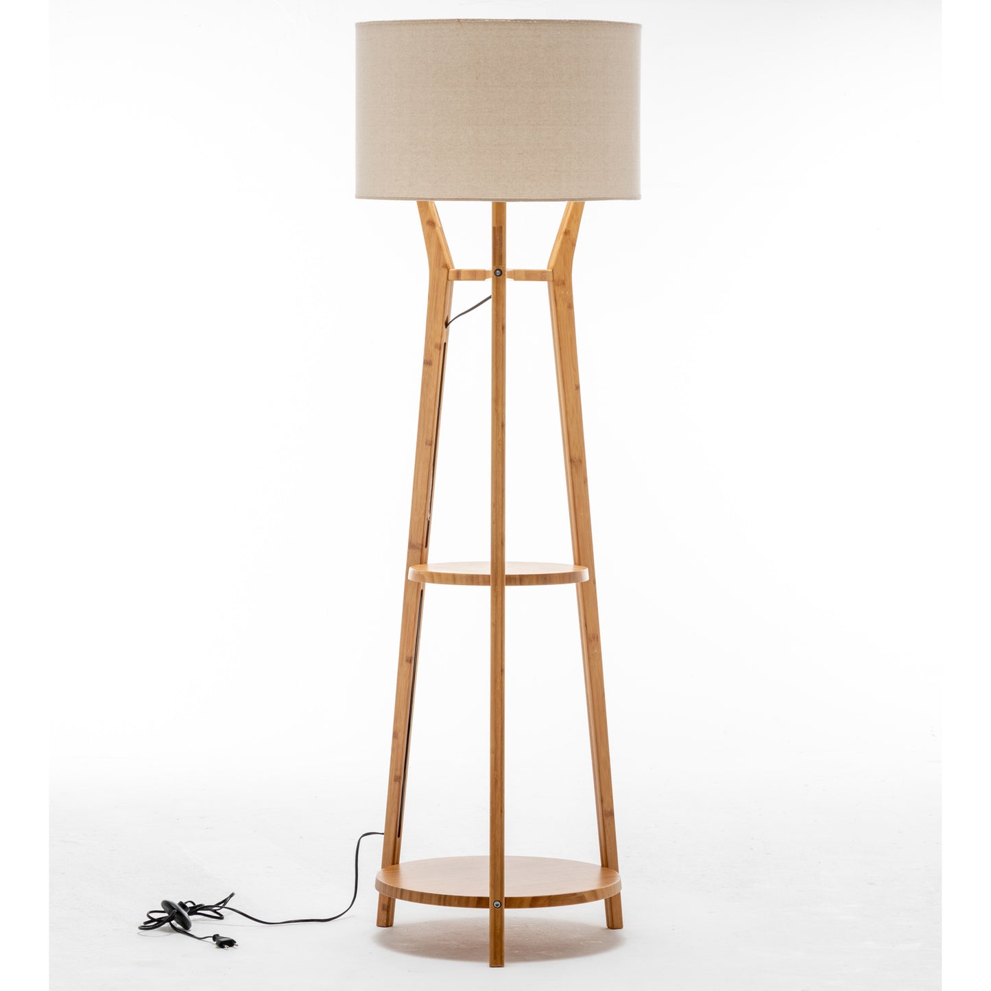 168cm Large Bamboo Wooden Tripod Floor Lamp Light Modern Linen Shade w Shelves - TRENDZ