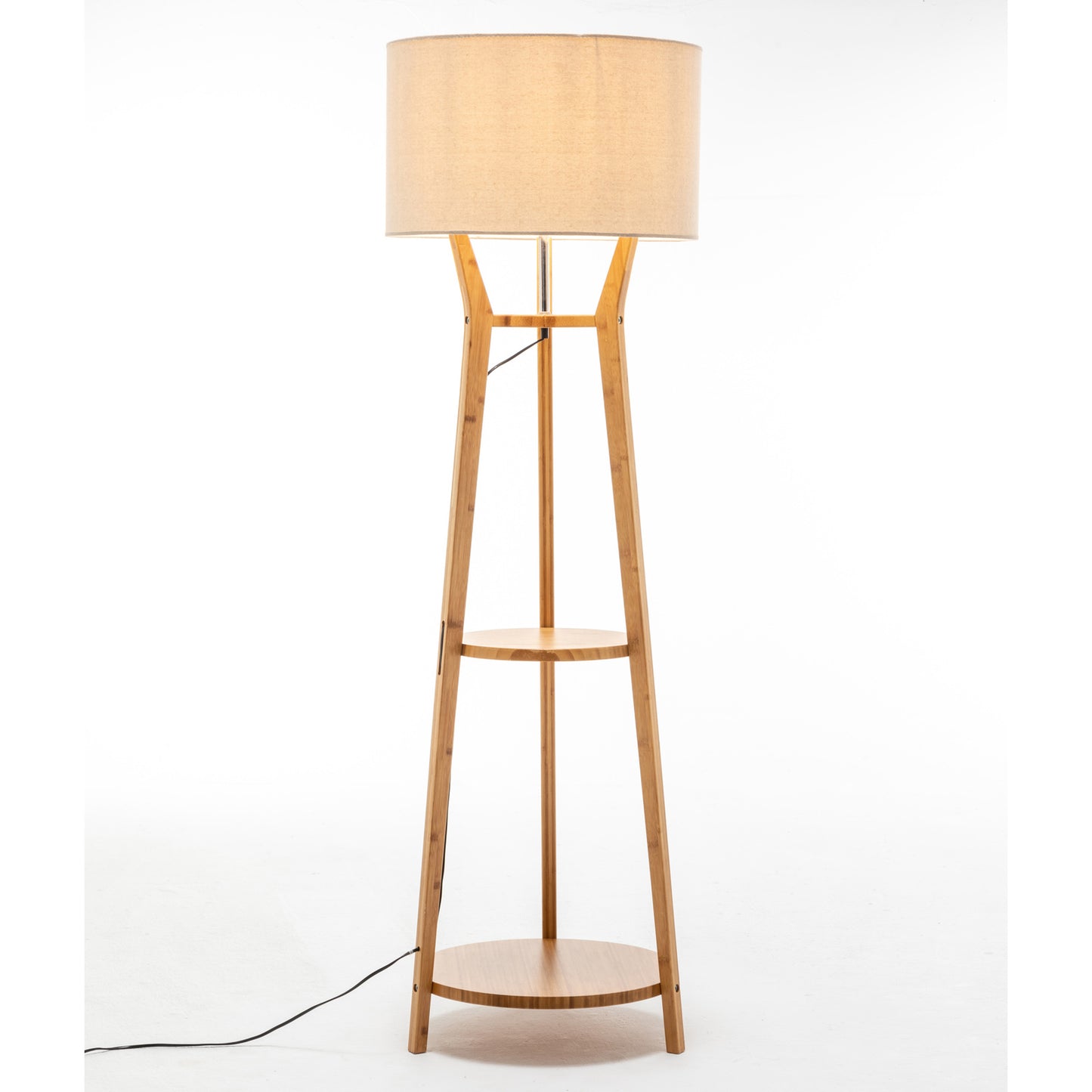 168cm Large Bamboo Wooden Tripod Floor Lamp Light Modern Linen Shade w Shelves - TRENDZ