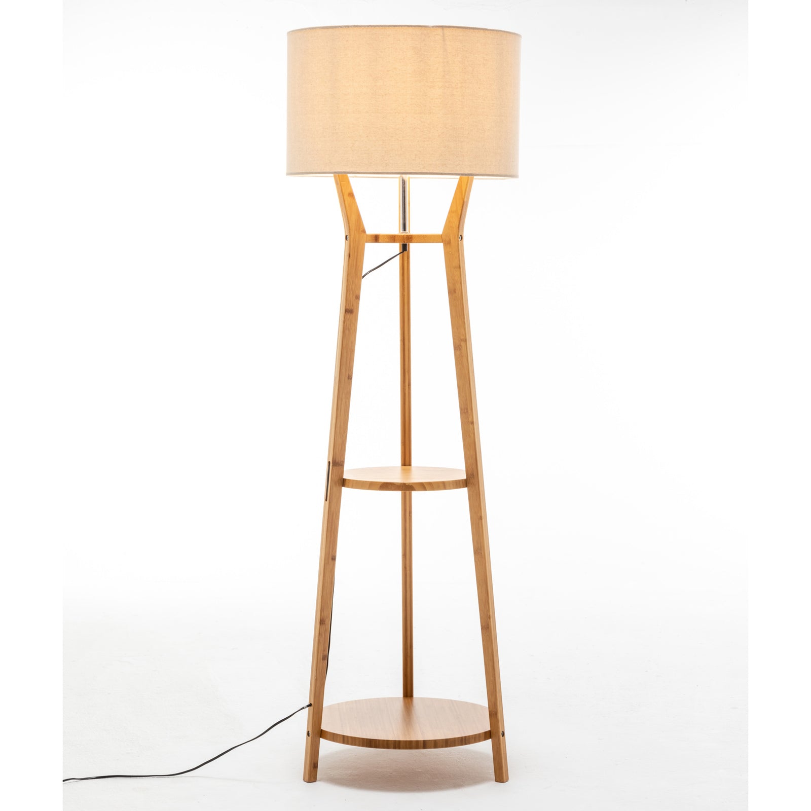 168cm Large Bamboo Wooden Tripod Floor Lamp Light Modern Linen Shade w Shelves - TRENDZ