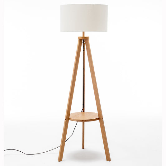 Natural Rubberwood Tripod Floor Lamp with Shelf & Linen Shade