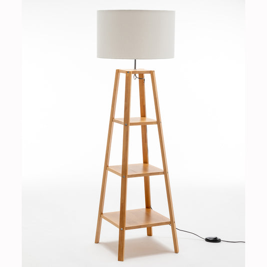 Marcie Rubberwood Floor Lamp with Multi-Shelf Storage – Natural Finish