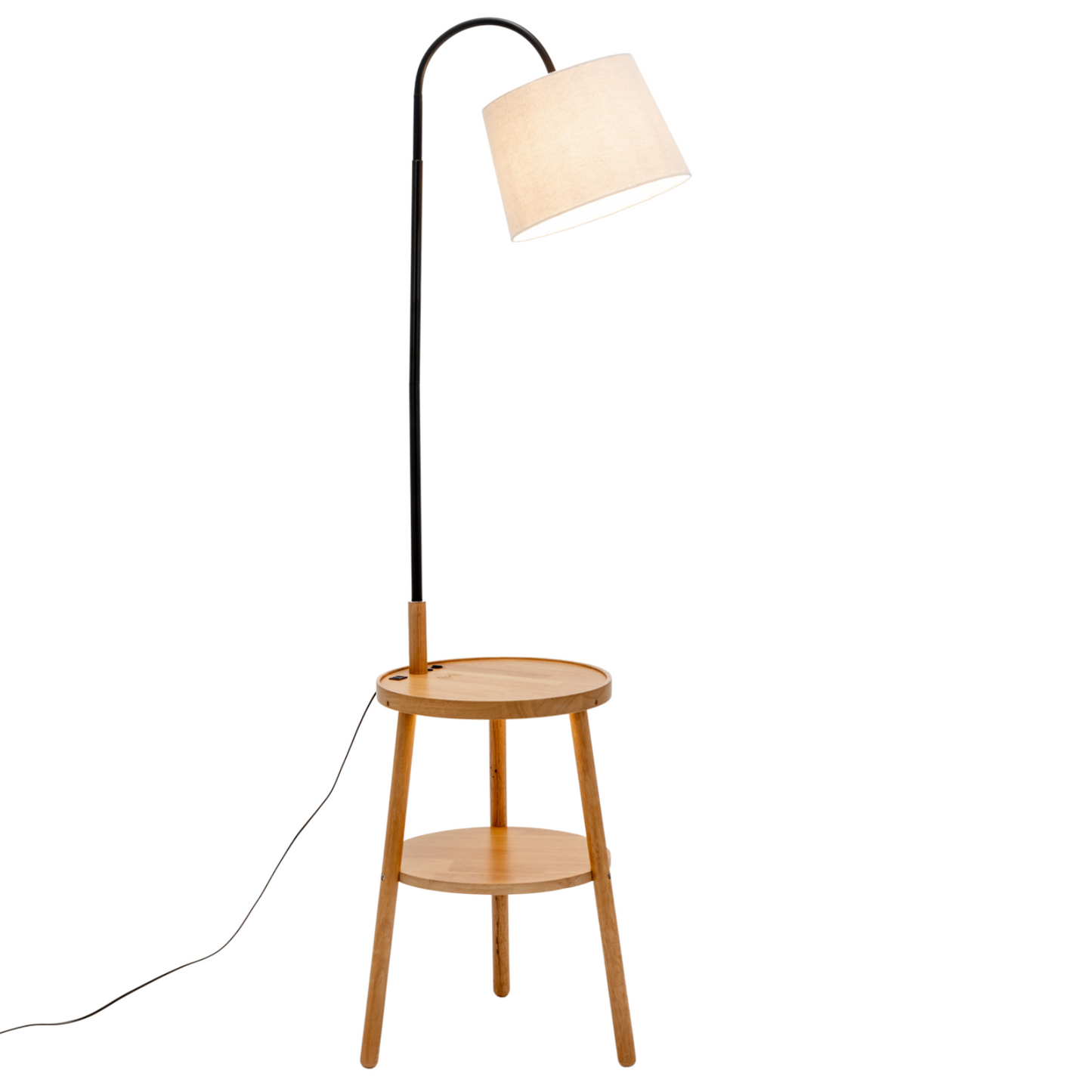 Naples Tripod Floor Lamp with USB & Shelf Storage – Natural Wood & Linen Shade