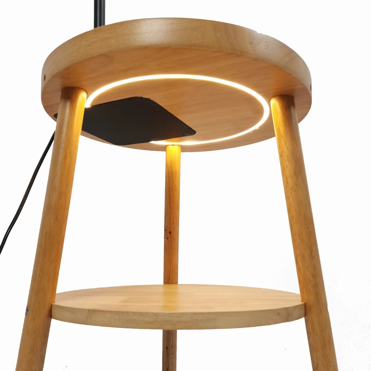 Naples Tripod Floor Lamp with USB & Shelf Storage – Natural Wood & Linen Shade
