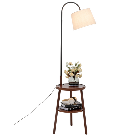 Naples Tripod Floor Lamp – Rubberwood Base with USB & Shelf Storage