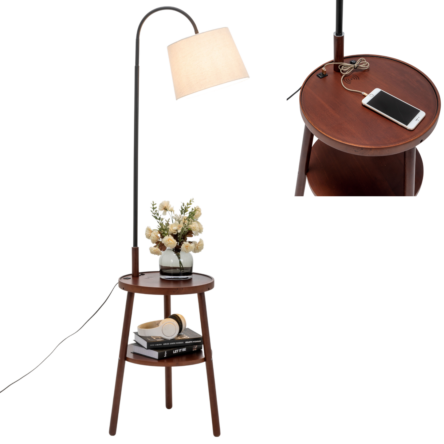 Naples Tripod Floor Lamp – Rubberwood Base with USB & Shelf Storage