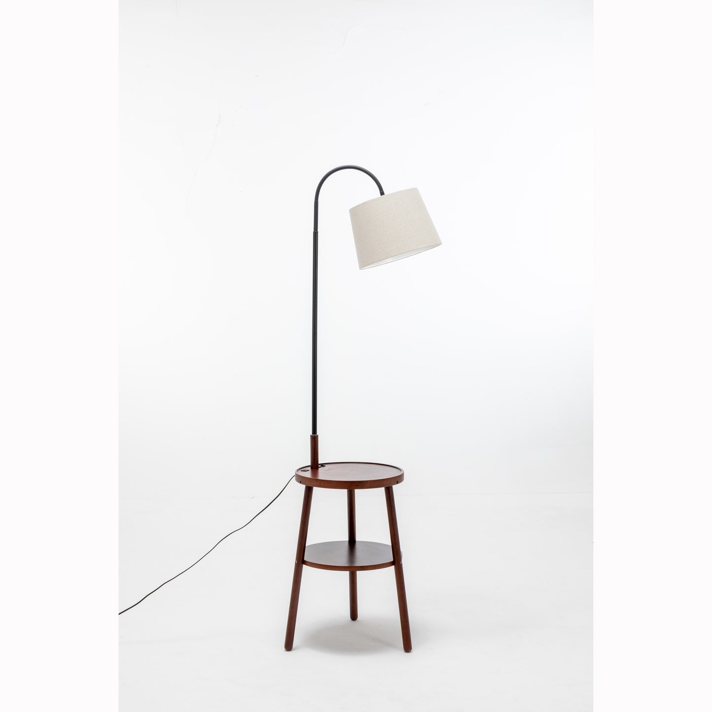 Naples Tripod Floor Lamp – Rubberwood Base with USB & Shelf Storage