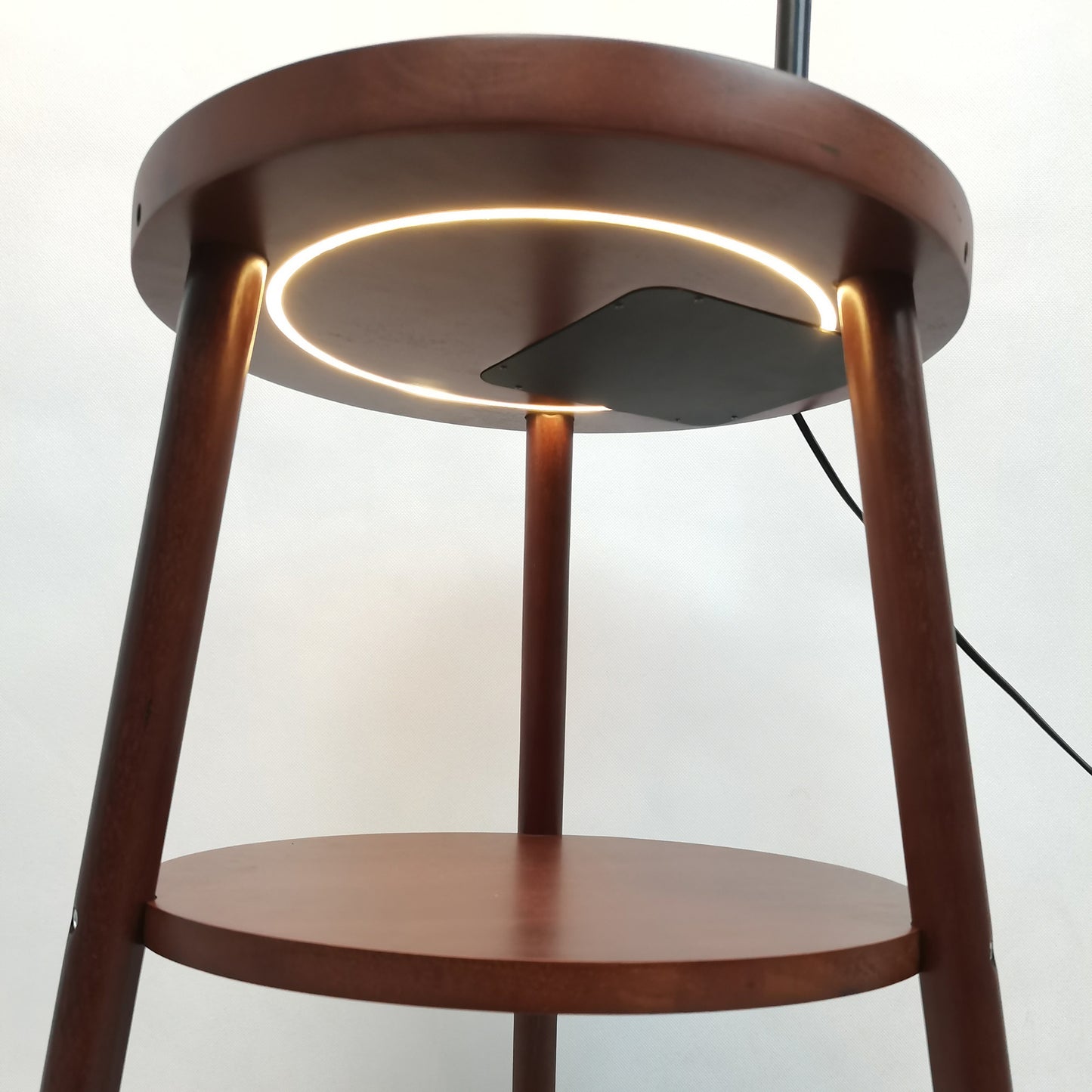 Naples Tripod Floor Lamp – Rubberwood Base with USB & Shelf Storage