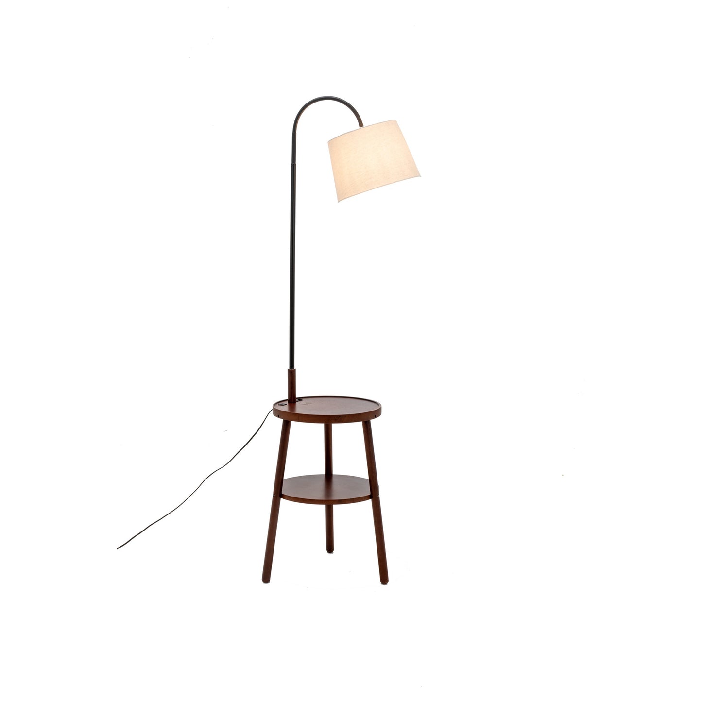 Naples Tripod Floor Lamp – Rubberwood Base with USB & Shelf Storage