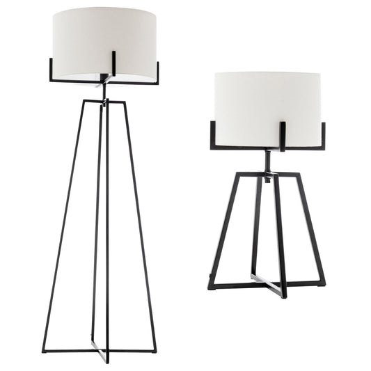 Modern Dimmable Floor Lamp + Table Desk Lamp w/ Linen Shade Scandi - Matte Black - TRENDZ