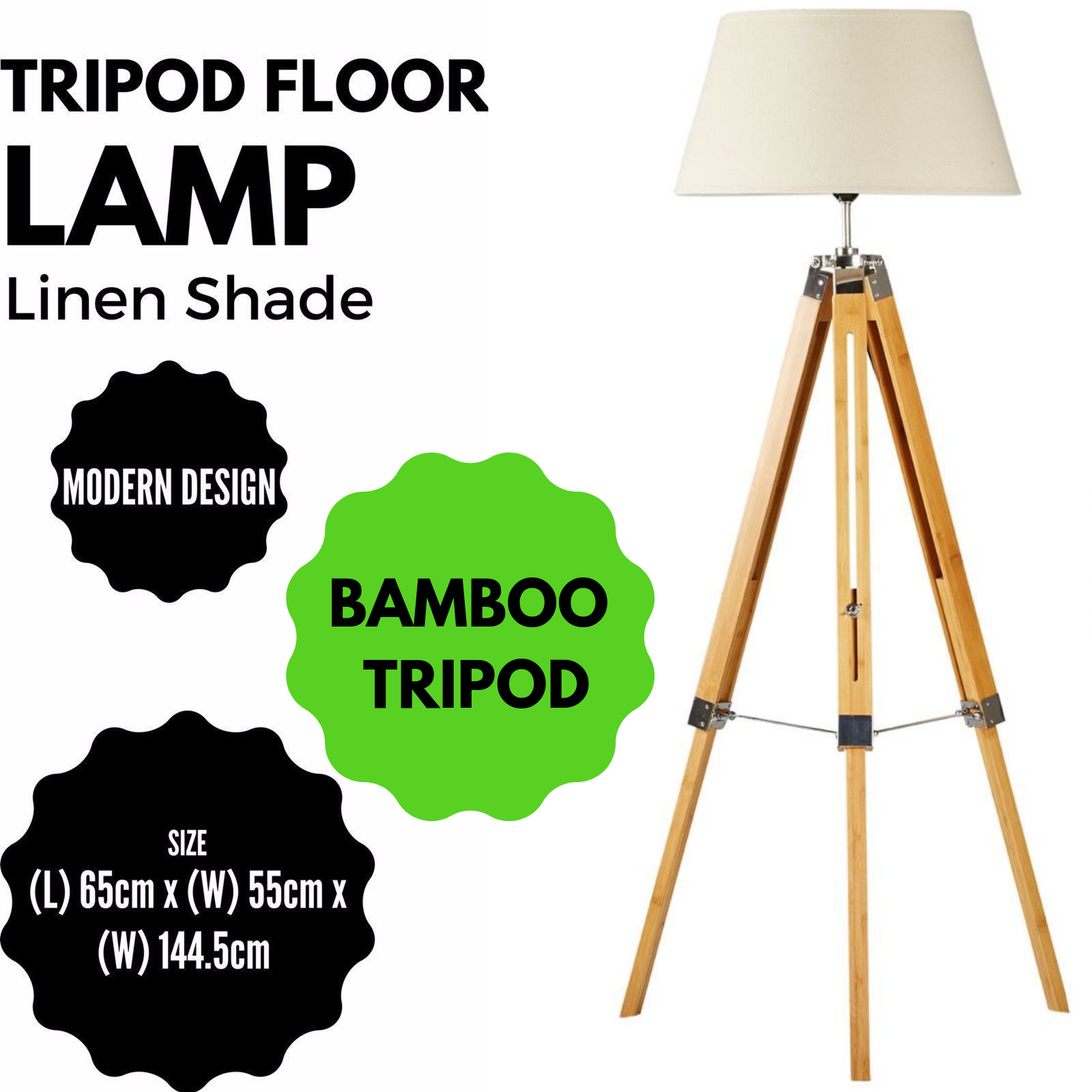 LARGE TRIPOD FLOOR LAMP Linen Shade Modern Light Bamboo Vintage Wooden Retro - TRENDZ