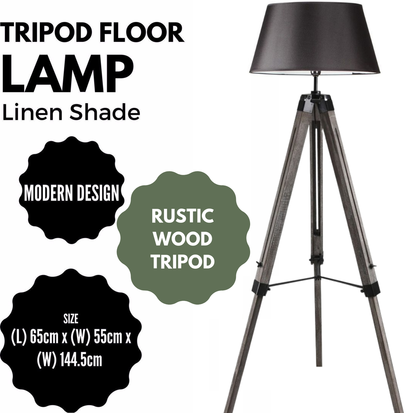 LARGE TRIPOD FLOOR LAMP Linen Shade Modern Light Retro Vintage Wooden - TRENDZ
