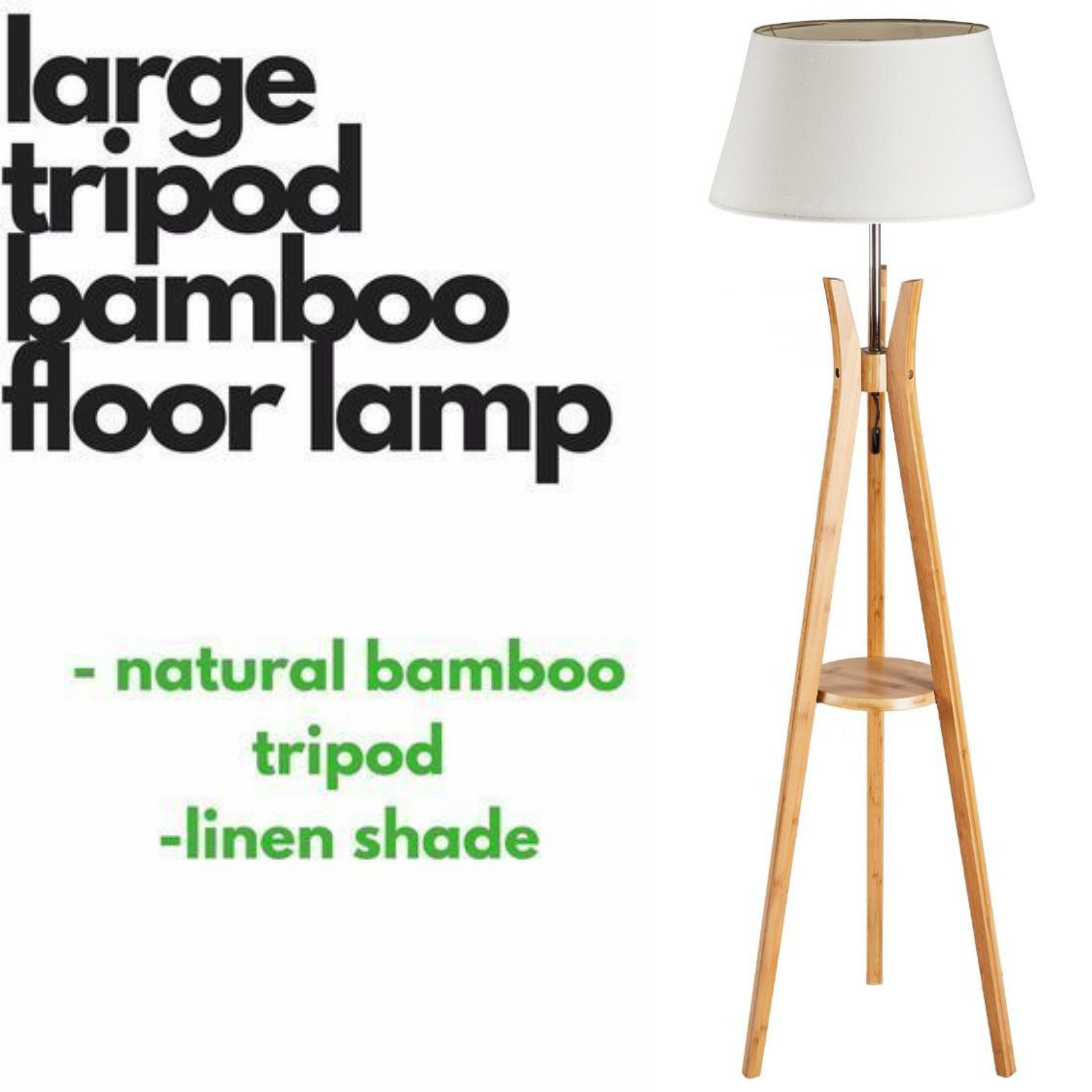 LARGE BAMBOO TRIPOD FLOOR LAMP Linen Shade Modern Light Vintage Wooden Scandi - TRENDZ