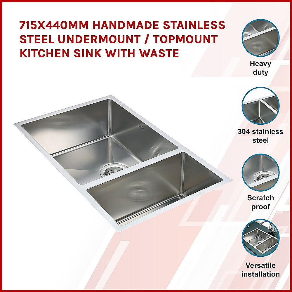715x440mm Handmade Stainless Steel Undermount / Topmount Kitchen Sink with Waste - TRENDZ