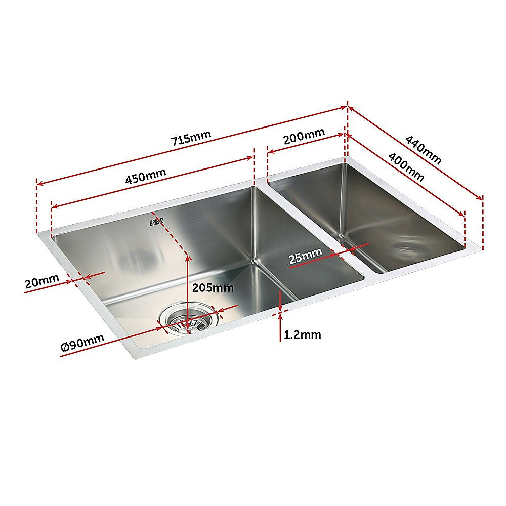 715x440mm Handmade Stainless Steel Undermount / Topmount Kitchen Sink with Waste - TRENDZ
