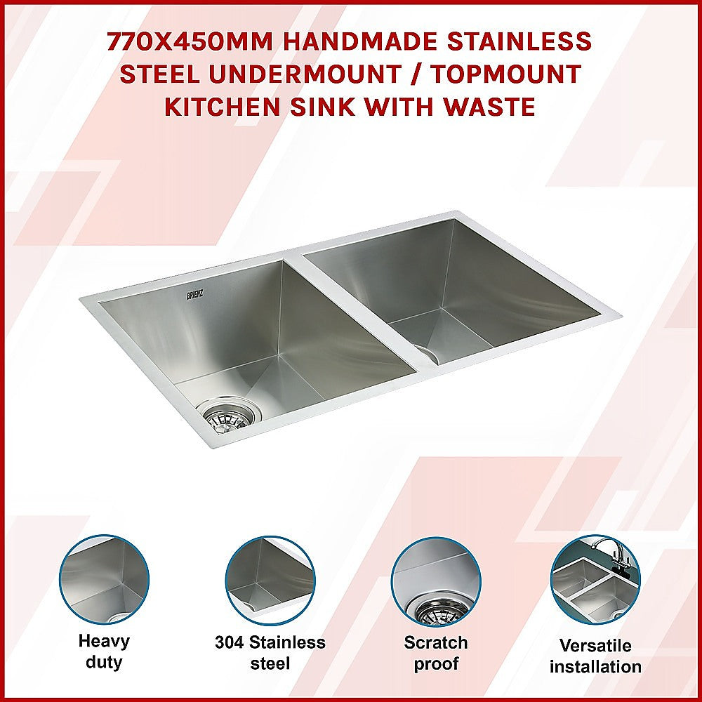 770x450mm Handmade Stainless Steel Undermount / Topmount Kitchen Sink with Waste - TRENDZ