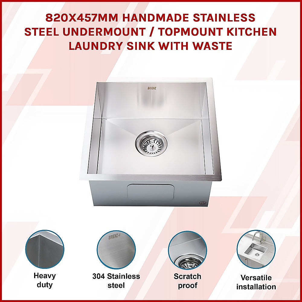 820x457mm Handmade Stainless Steel Undermount / Topmount Kitchen Laundry Sink with Waste - TRENDZ