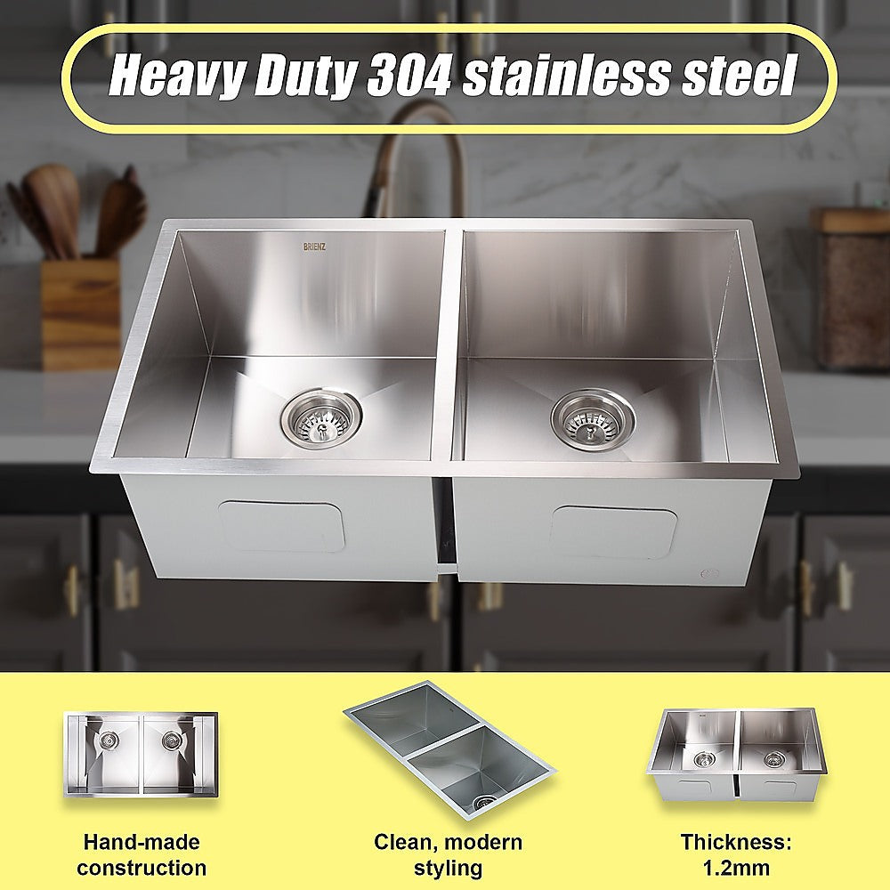 820x457mm Handmade Stainless Steel Undermount / Topmount Kitchen Laundry Sink with Waste - TRENDZ