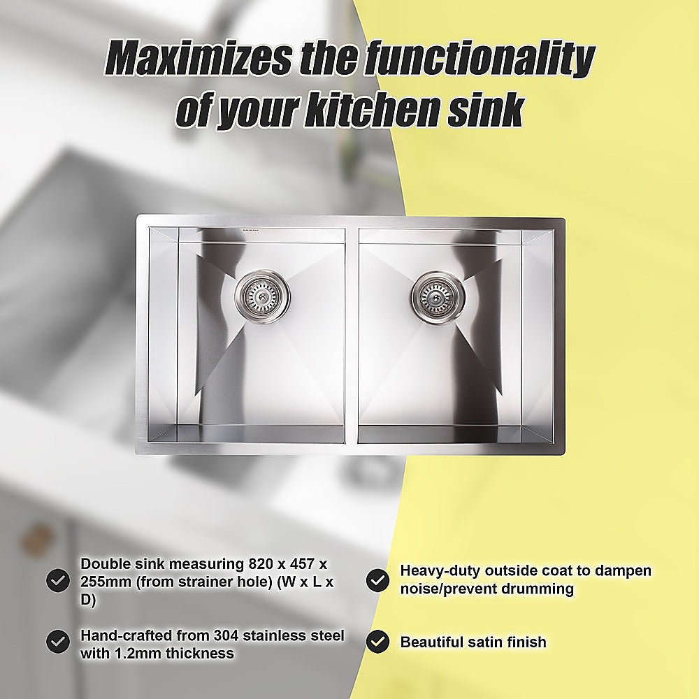 820x457mm Handmade Stainless Steel Undermount / Topmount Kitchen Laundry Sink with Waste - TRENDZ