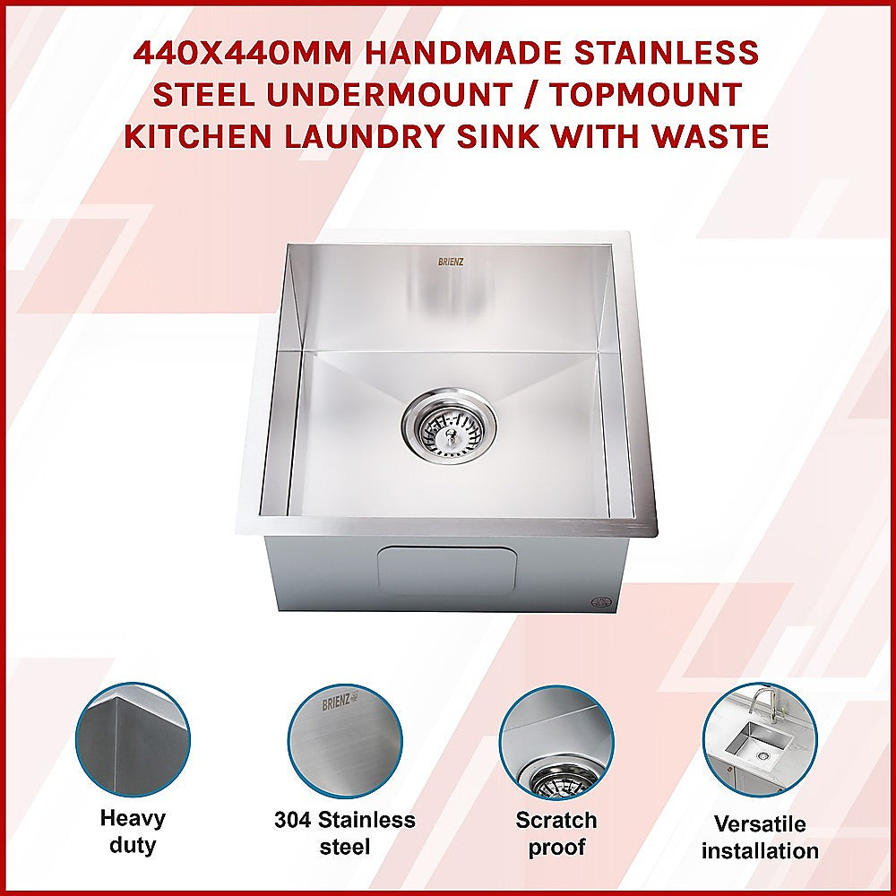 440x440mm Handmade Stainless Steel Undermount / Topmount Kitchen Laundry Sink with Waste - TRENDZ