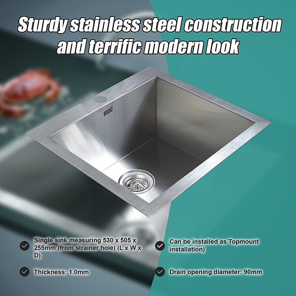 530x505mm Handmade Stainless Steel Topmount Kitchen Laundry Sink with Waste - TRENDZ