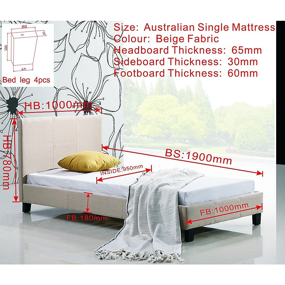 Single Linen Fabric Bed Frame Beige - TRENDZ