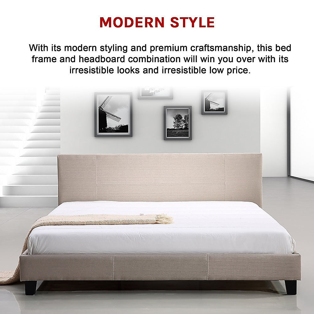 King Linen Fabric Bed Frame Beige - TRENDZ