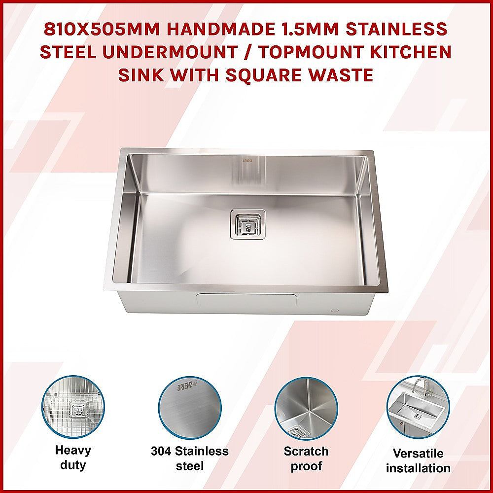 810x505mm Handmade 1.5mm Stainless Steel Undermount / Topmount Kitchen Sink with Square Waste - TRENDZ
