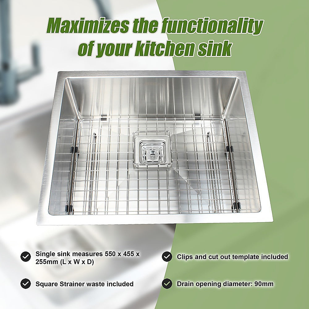 550x455mm Handmade 1.5mm Stainless Steel Undermount / Topmount Kitchen Sink with Square Waste - TRENDZ