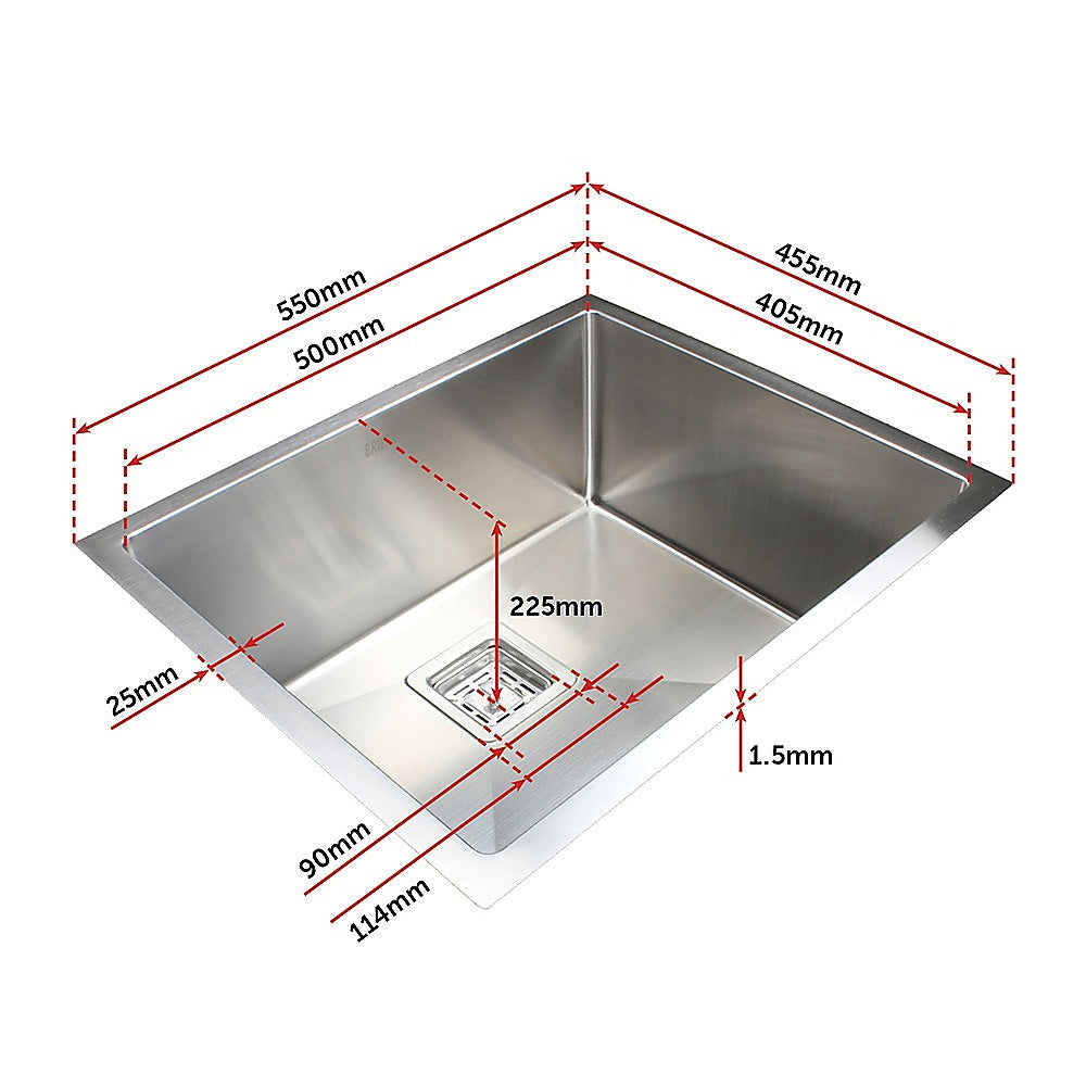 550x455mm Handmade 1.5mm Stainless Steel Undermount / Topmount Kitchen Sink with Square Waste - TRENDZ