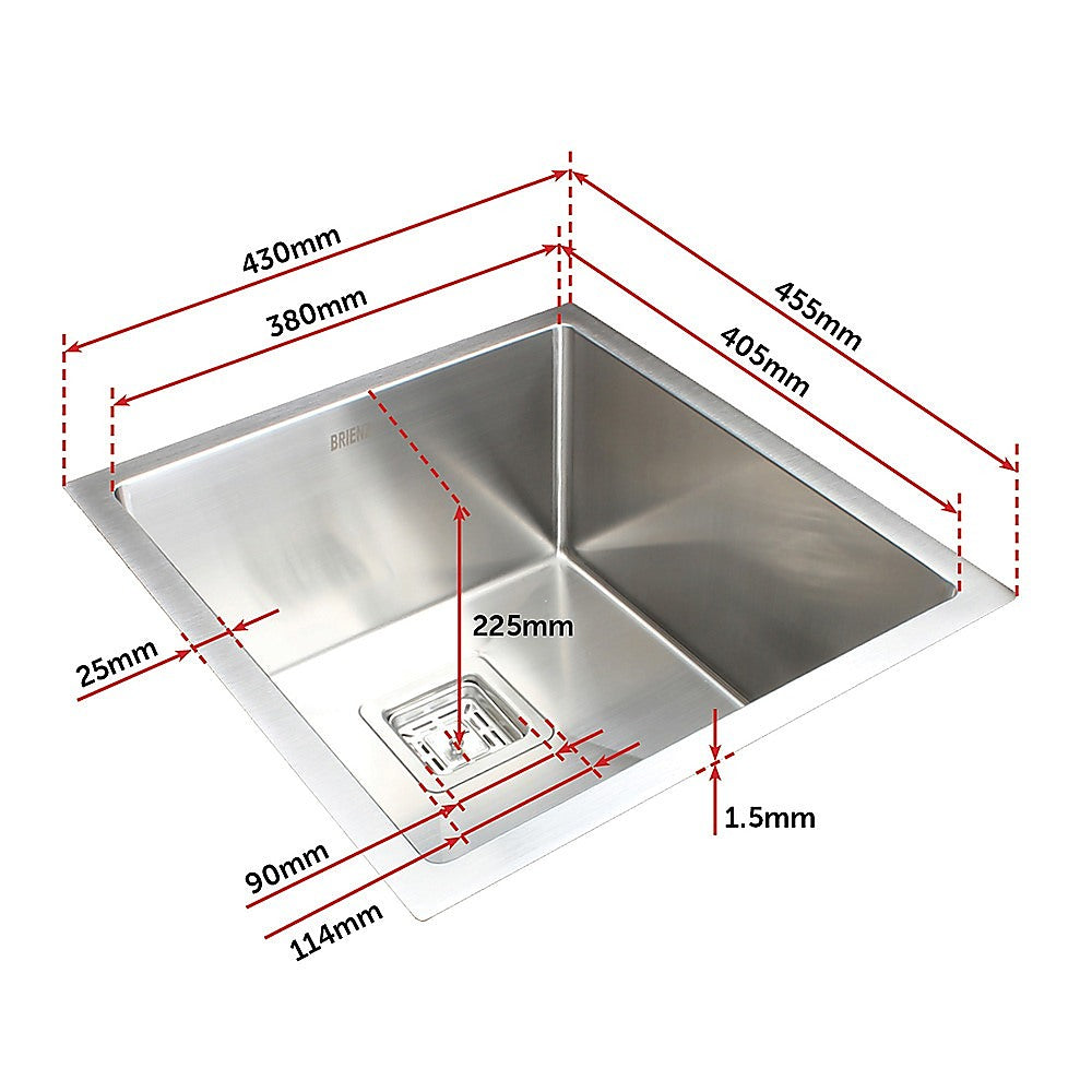 430x455mm Handmade 1.5mm Stainless Steel Undermount / Topmount Kitchen Sink with Square Waste - TRENDZ
