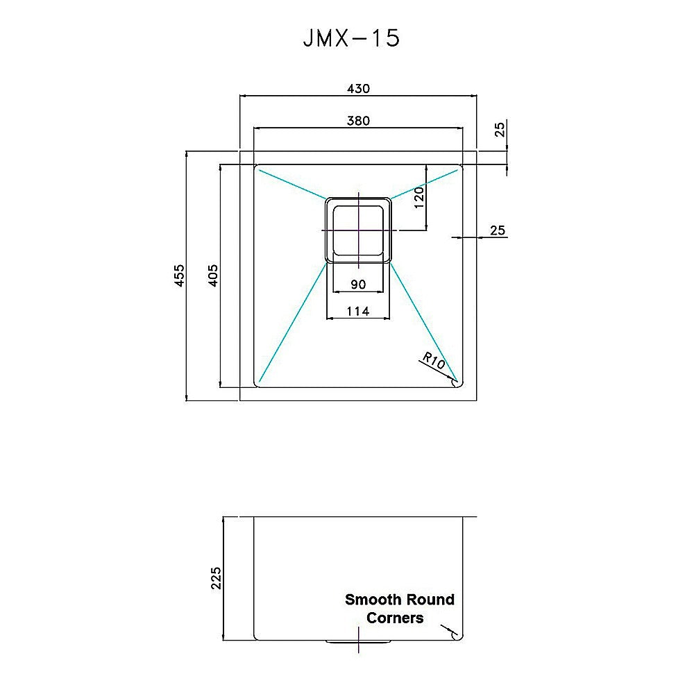 430x455mm Handmade 1.5mm Stainless Steel Undermount / Topmount Kitchen Sink with Square Waste - TRENDZ
