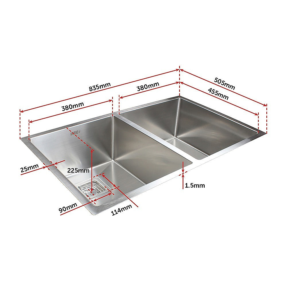 835x505mm Handmade 1.5mm Stainless Steel Undermount / Topmount Kitchen Sink with Square Waste - TRENDZ