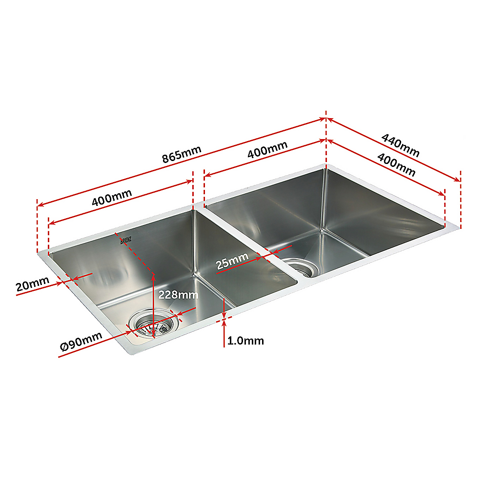 865x440mm Handmade Stainless Steel Undermount / Topmount Kitchen Sink with Waste - TRENDZ