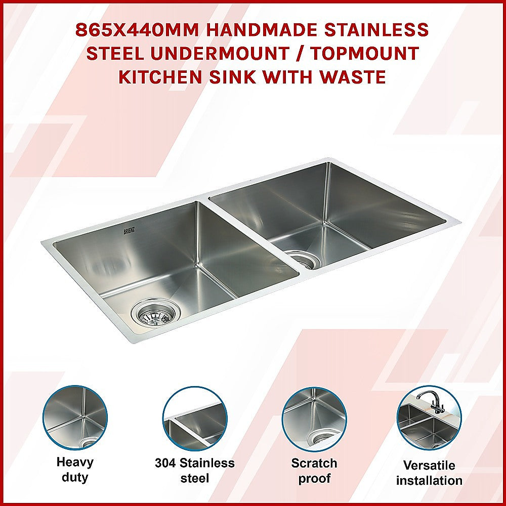 865x440mm Handmade Stainless Steel Undermount / Topmount Kitchen Sink with Waste - TRENDZ
